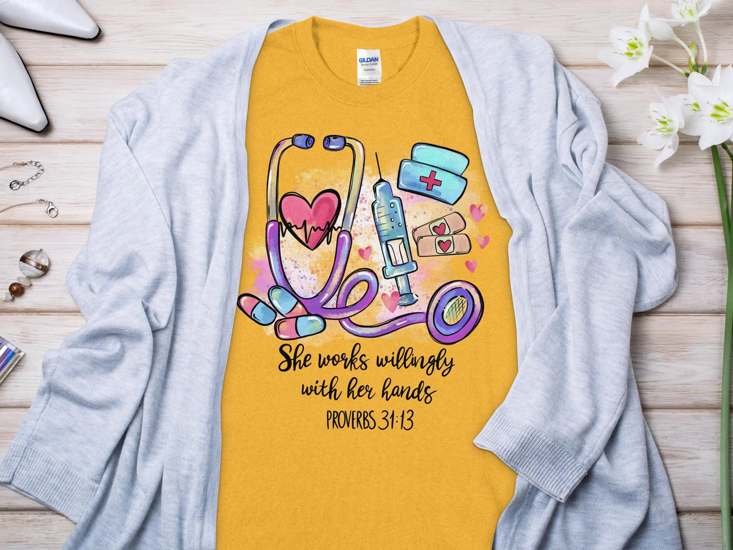 PROV 31:13 Nurse, Future Nurse Gift Idea, Nursing School Student Grad, RN LPN, Nurse Life, Funny Nurse. Quality Gildan Tee Support a Nurse - Creations Unlimited