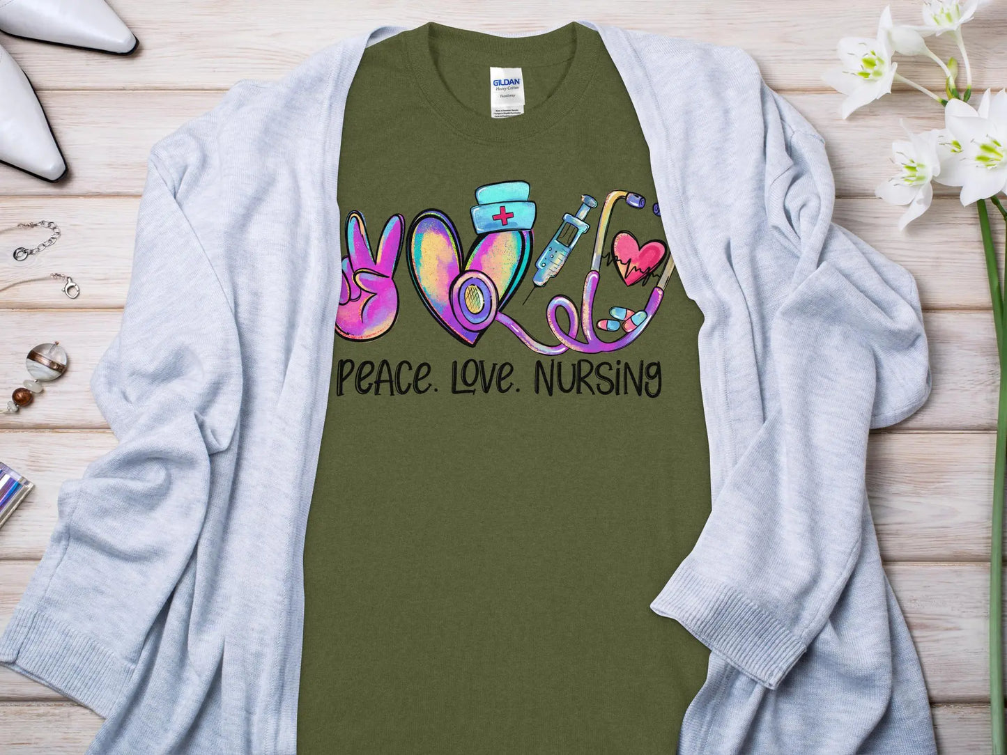 Peace Love Nurse, Future Nurse Gift Idea, Nursing School Student Grad, RN LPN, Nurse Life, Funny Nurse Quality Gildan Tee Support a Nurse - Creations Unlimited