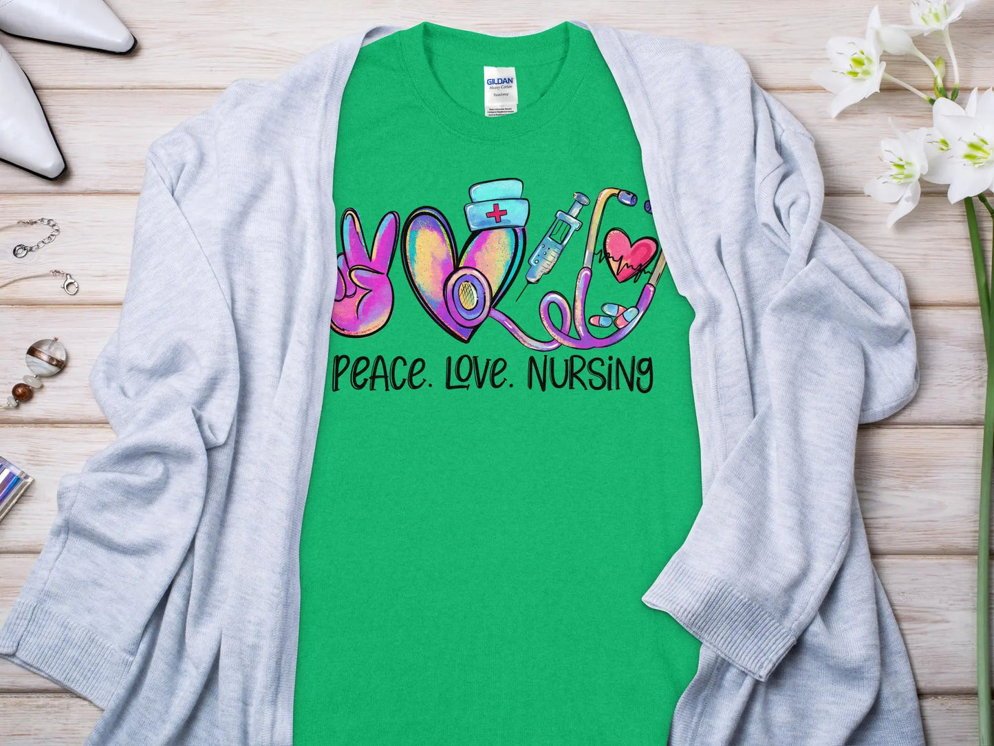 Peace Love Nurse, Future Nurse Gift Idea, Nursing School Student Grad, RN LPN, Nurse Life, Funny Nurse Quality Gildan Tee Support a Nurse - Creations Unlimited
