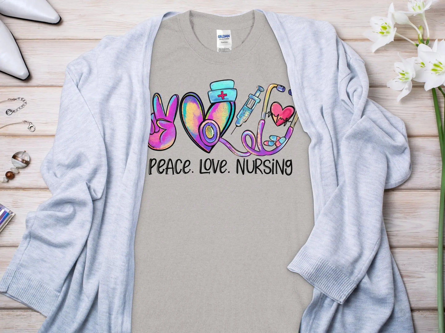 Peace Love Nurse, Future Nurse Gift Idea, Nursing School Student Grad, RN LPN, Nurse Life, Funny Nurse Quality Gildan Tee Support a Nurse - Creations Unlimited