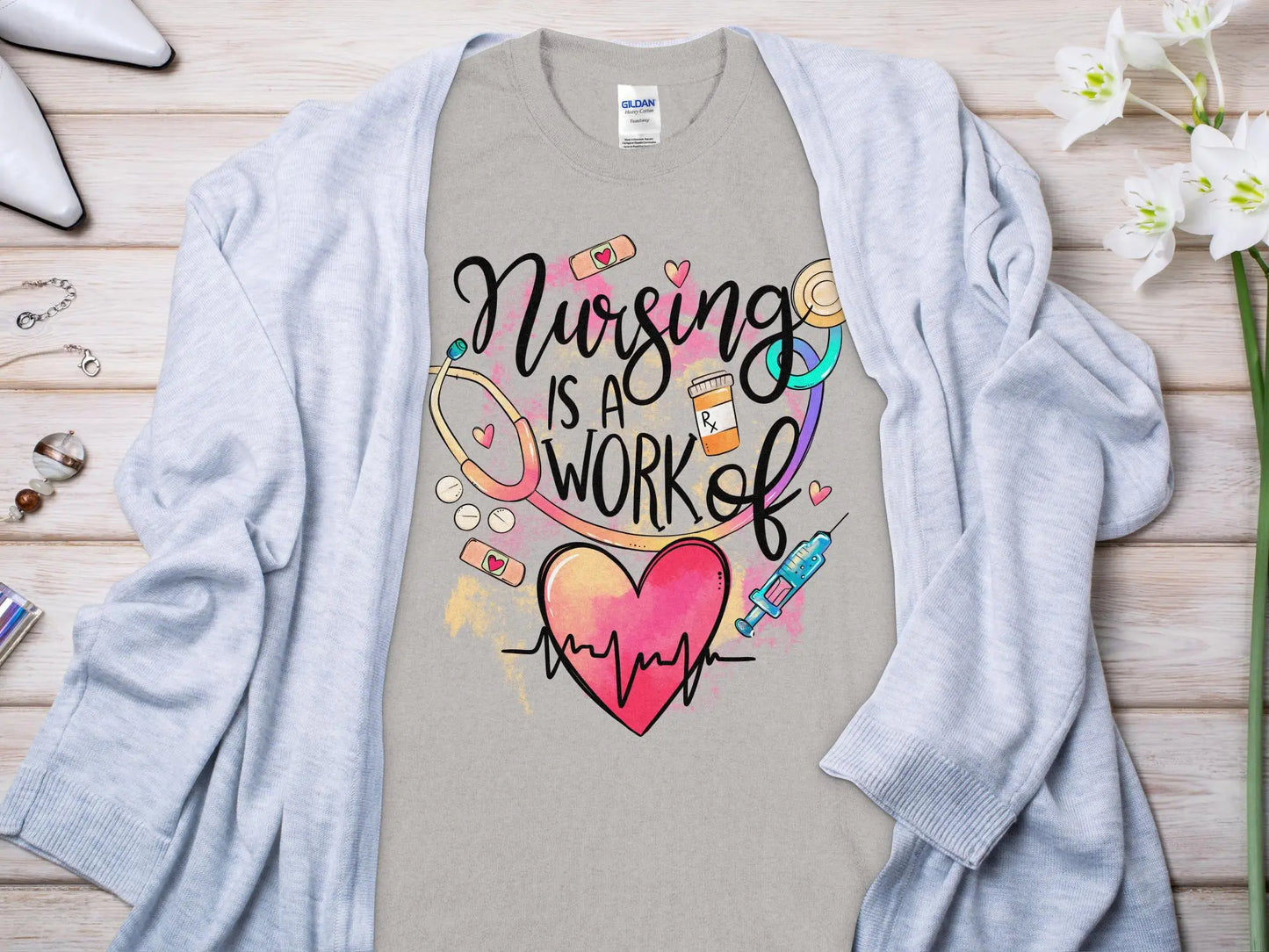 Work of Love Nurse,Future Nurse Gift Idea, Nursing School Student Grad, RN LPN, Nurse Life, Funny Nurse Quality Gildan Tee Support a Nurse - Creations Unlimited