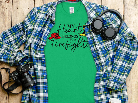 My Heart Belongs to a Fire Fighter Tee - Shirt Quality Gilden Tee. Support Your Firefighter - Creations Unlimited