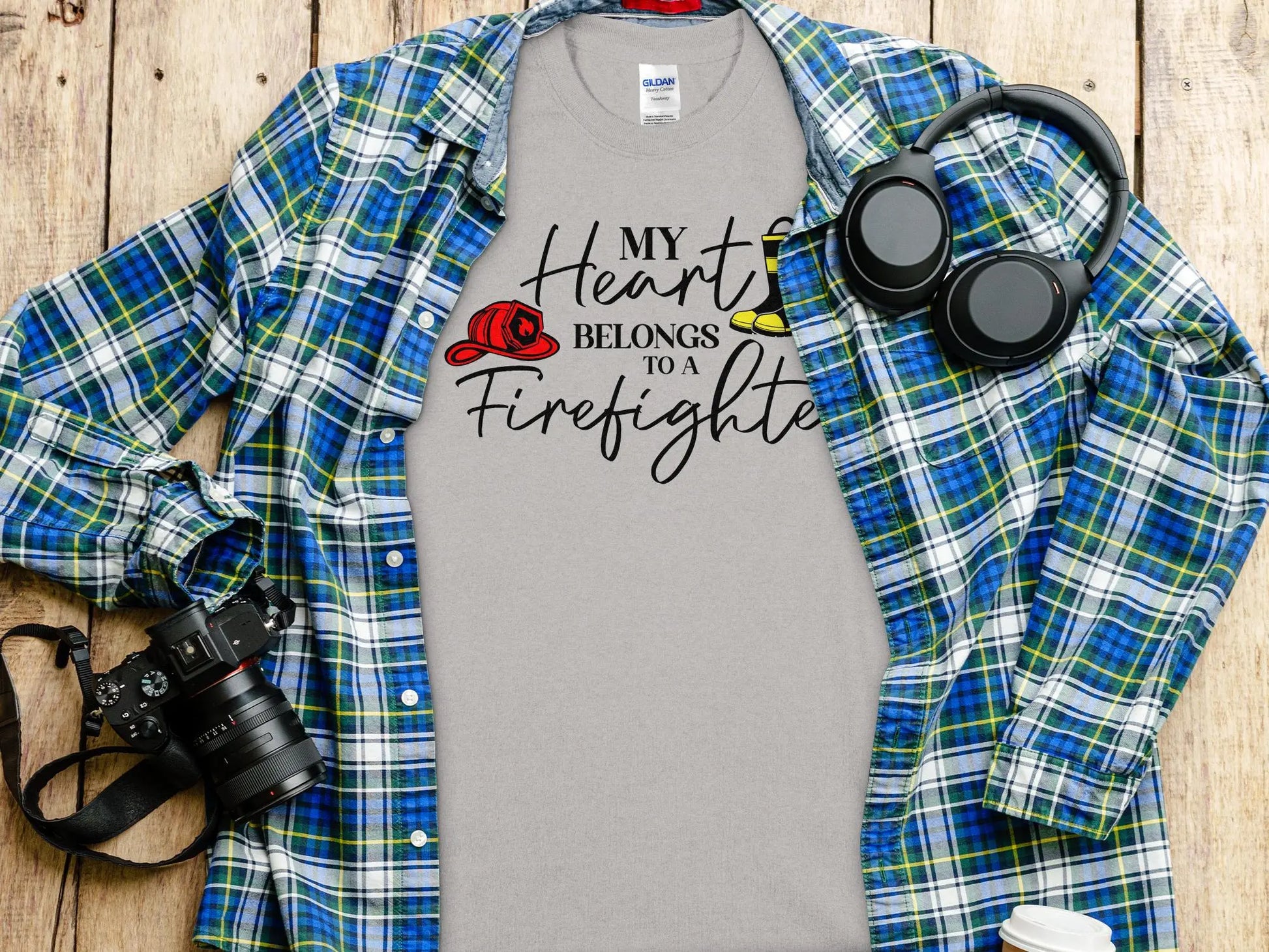 My Heart Belongs to a Fire Fighter Tee - Shirt Quality Gilden Tee. Support Your Firefighter - Creations Unlimited