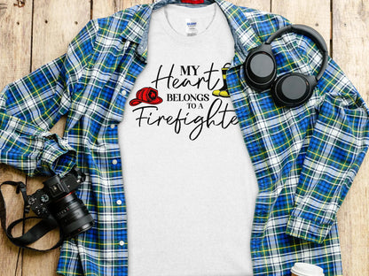 My Heart Belongs to a Fire Fighter Tee - Shirt Quality Gilden Tee. Support Your Firefighter - Creations Unlimited