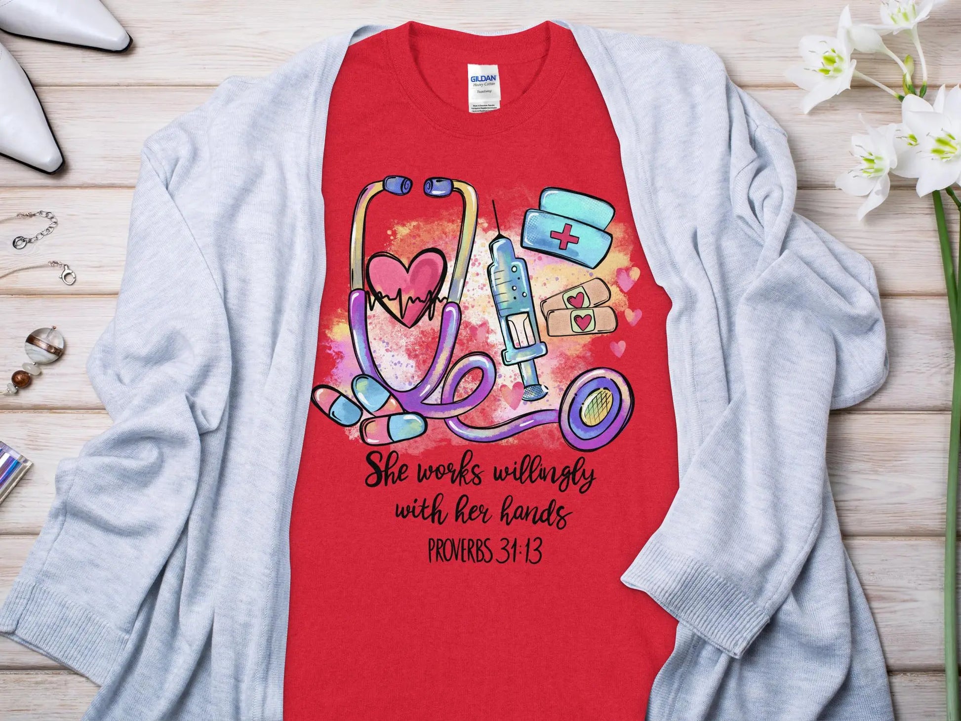 PROV 31:13 Nurse, Future Nurse Gift Idea, Nursing School Student Grad, RN LPN, Nurse Life, Funny Nurse. Quality Gildan Tee Support a Nurse - Creations Unlimited