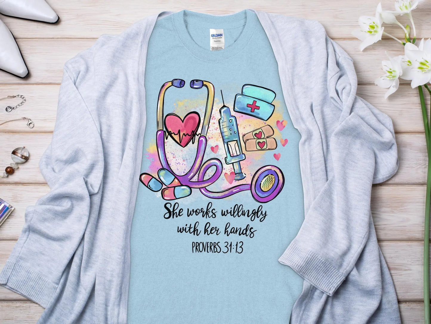 PROV 31:13 Nurse, Future Nurse Gift Idea, Nursing School Student Grad, RN LPN, Nurse Life, Funny Nurse. Quality Gildan Tee Support a Nurse - Creations Unlimited
