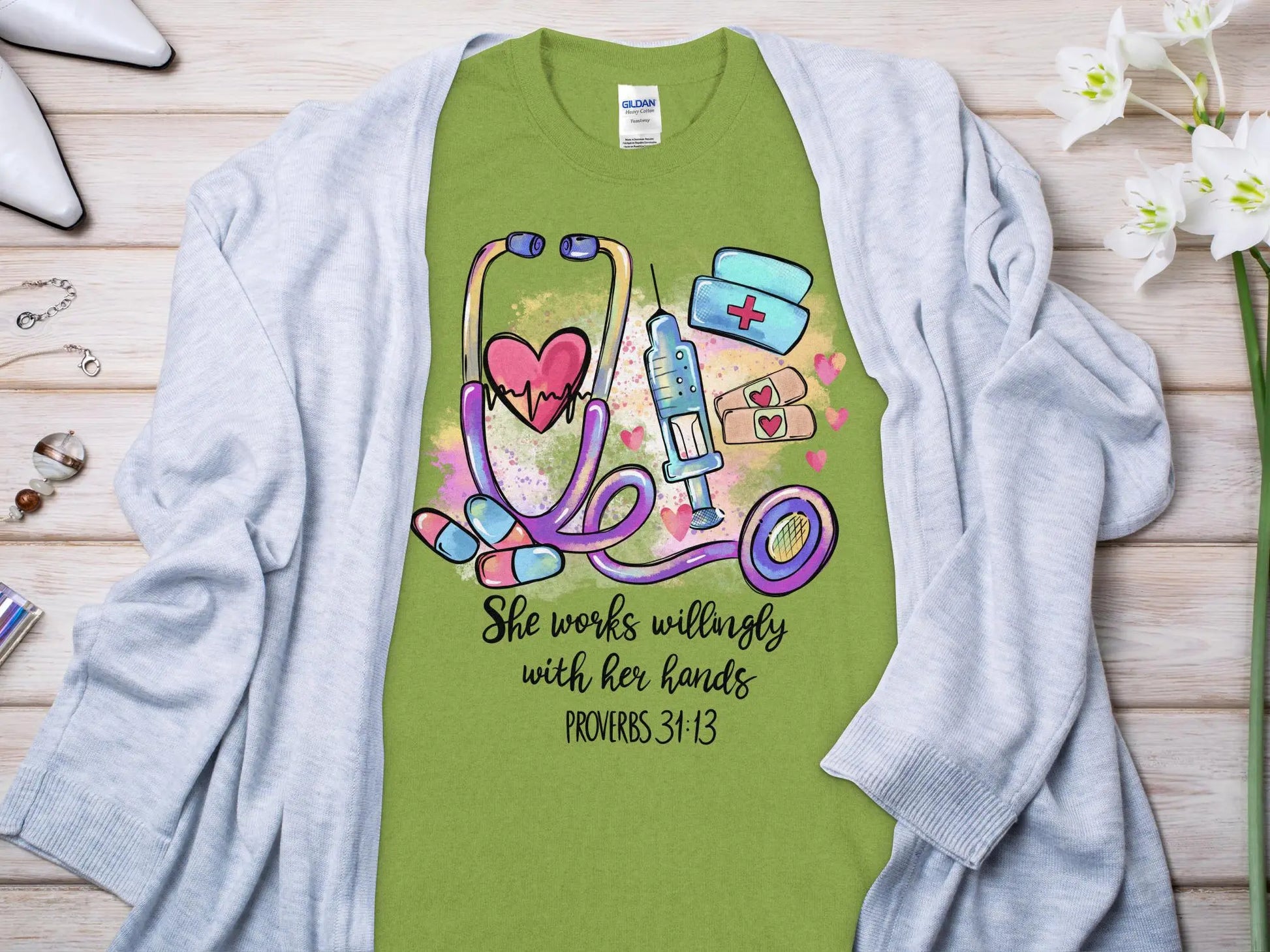PROV 31:13 Nurse, Future Nurse Gift Idea, Nursing School Student Grad, RN LPN, Nurse Life, Funny Nurse. Quality Gildan Tee Support a Nurse - Creations Unlimited