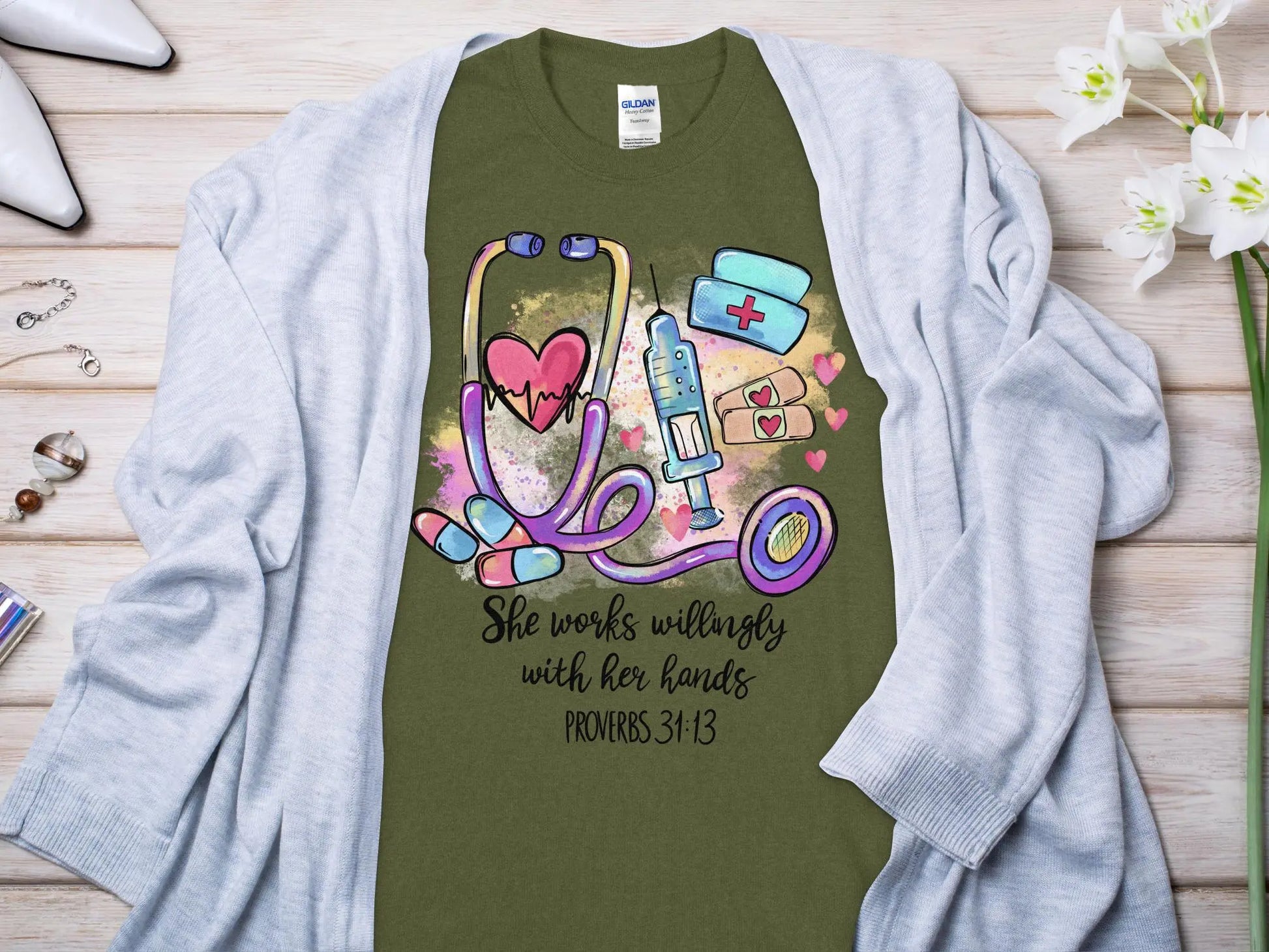PROV 31:13 Nurse, Future Nurse Gift Idea, Nursing School Student Grad, RN LPN, Nurse Life, Funny Nurse. Quality Gildan Tee Support a Nurse - Creations Unlimited