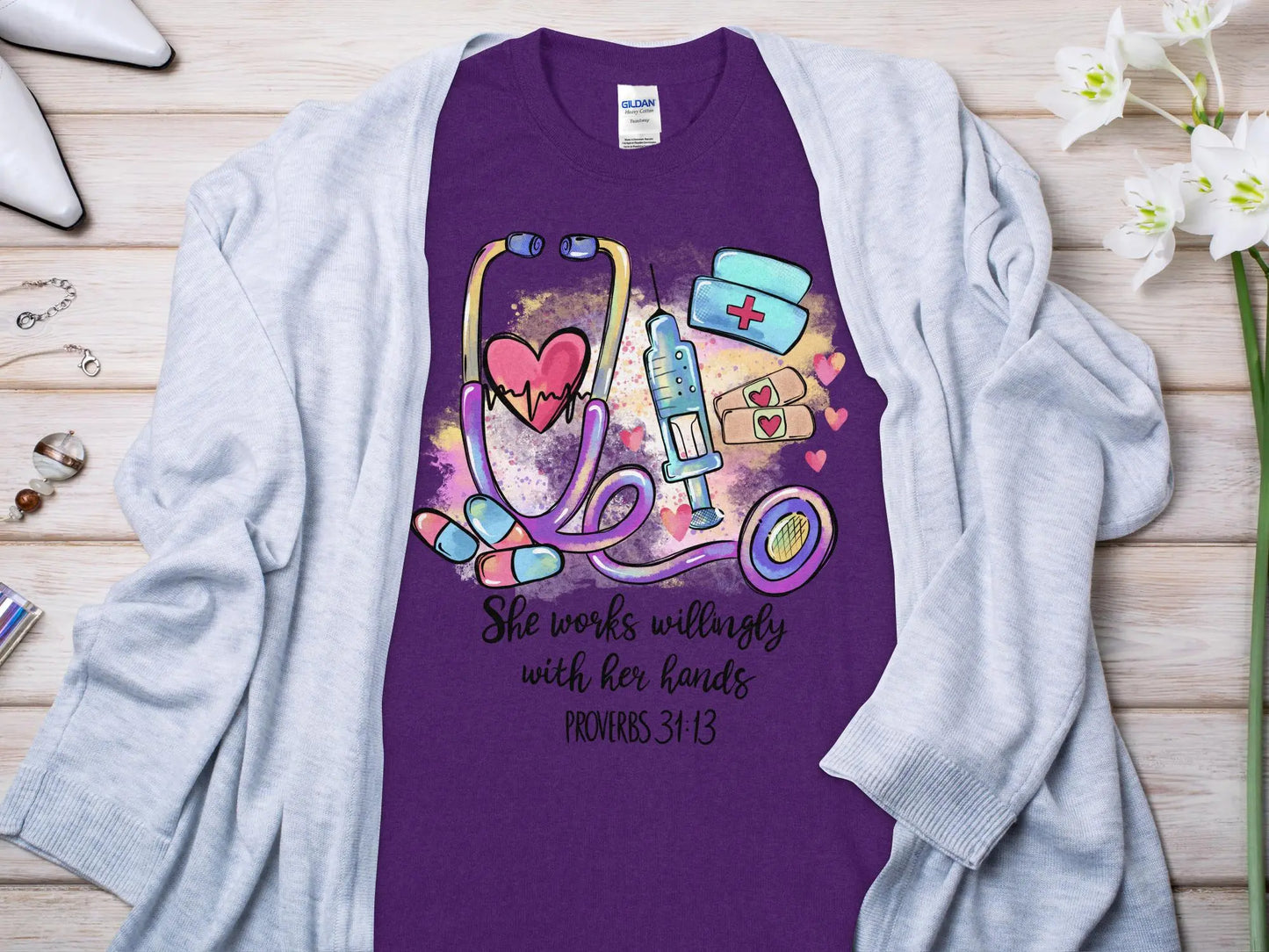 PROV 31:13 Nurse, Future Nurse Gift Idea, Nursing School Student Grad, RN LPN, Nurse Life, Funny Nurse. Quality Gildan Tee Support a Nurse - Creations Unlimited