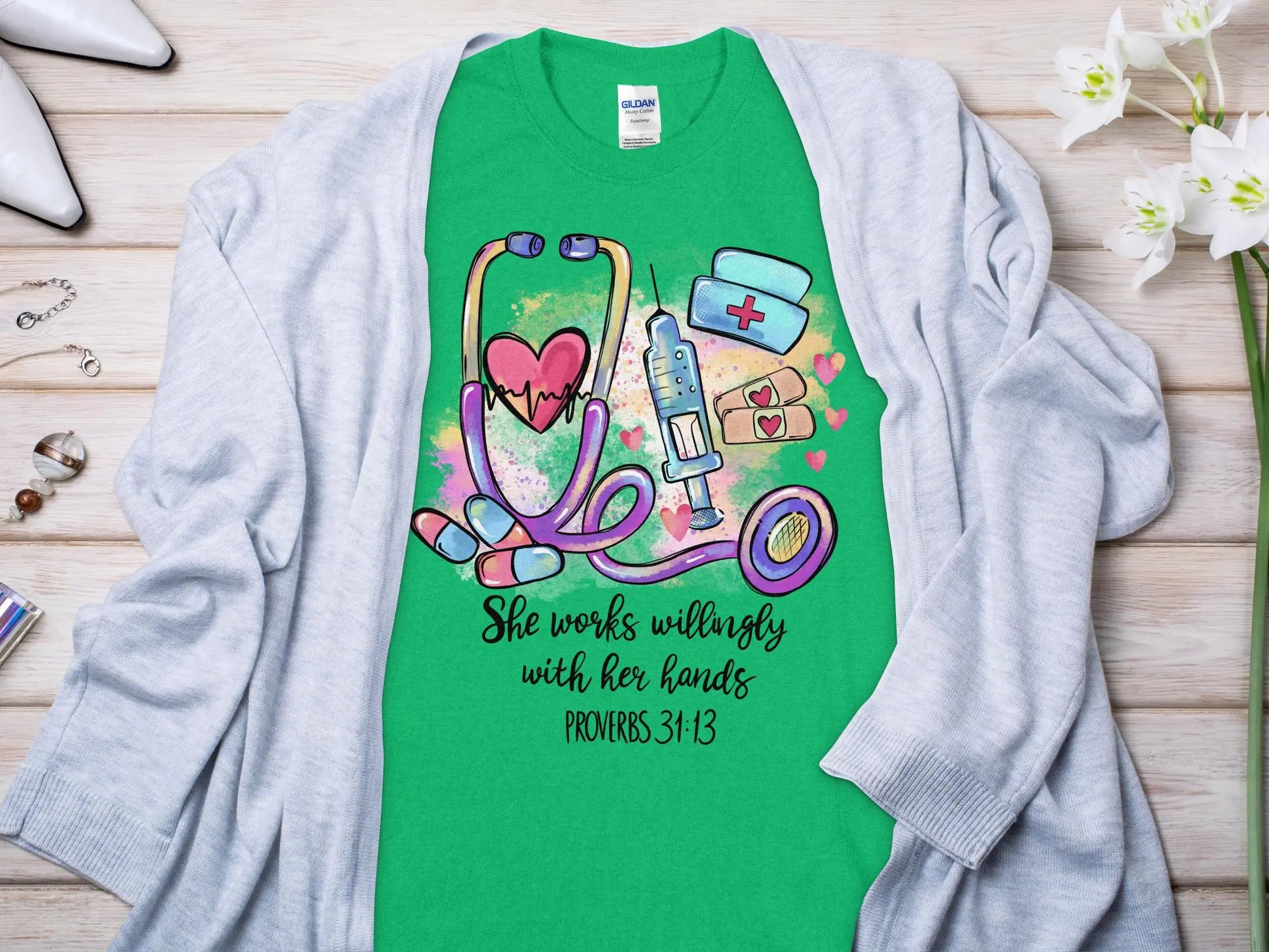 PROV 31:13 Nurse, Future Nurse Gift Idea, Nursing School Student Grad, RN LPN, Nurse Life, Funny Nurse. Quality Gildan Tee Support a Nurse - Creations Unlimited
