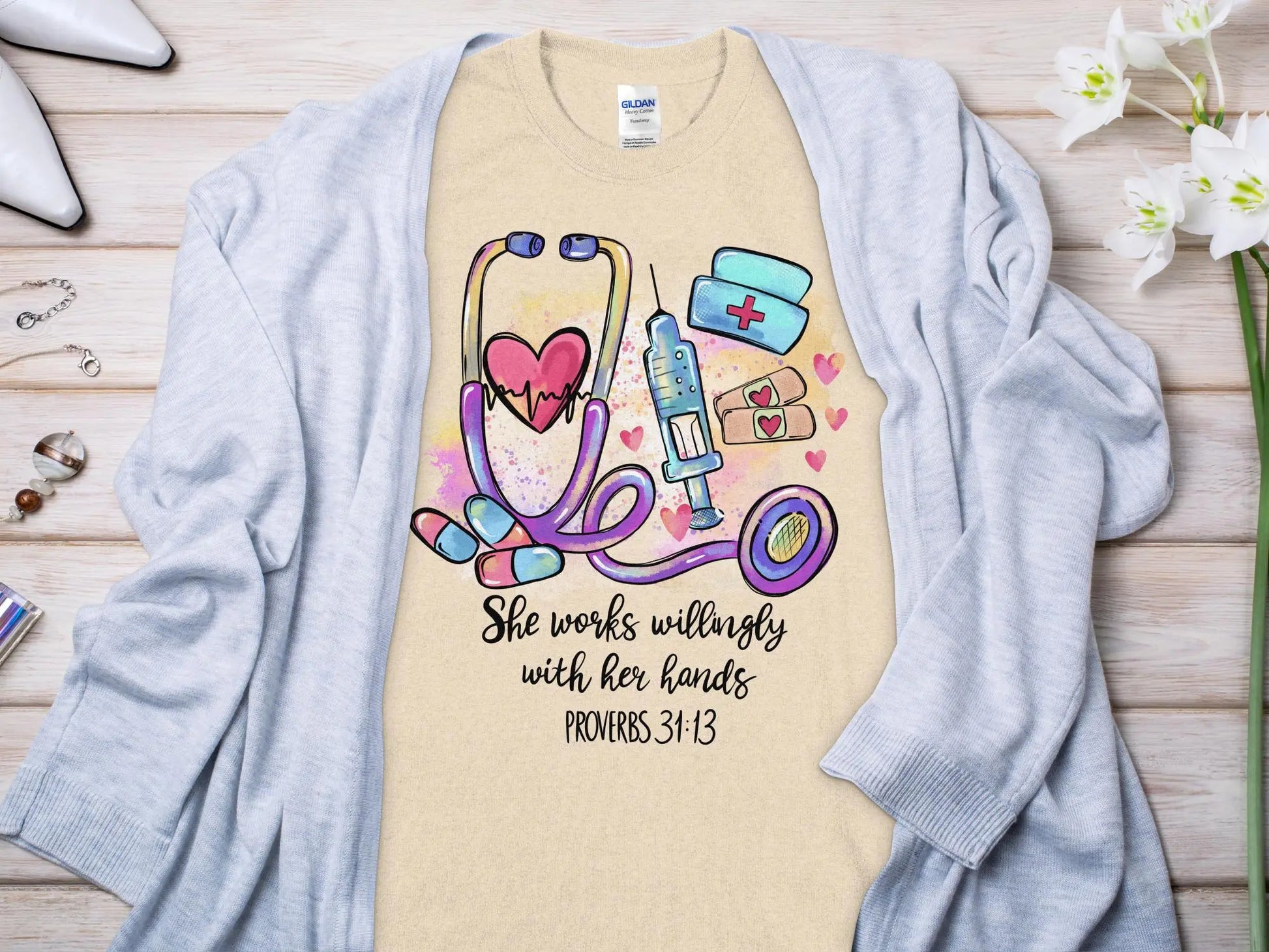 PROV 31:13 Nurse, Future Nurse Gift Idea, Nursing School Student Grad, RN LPN, Nurse Life, Funny Nurse. Quality Gildan Tee Support a Nurse - Creations Unlimited