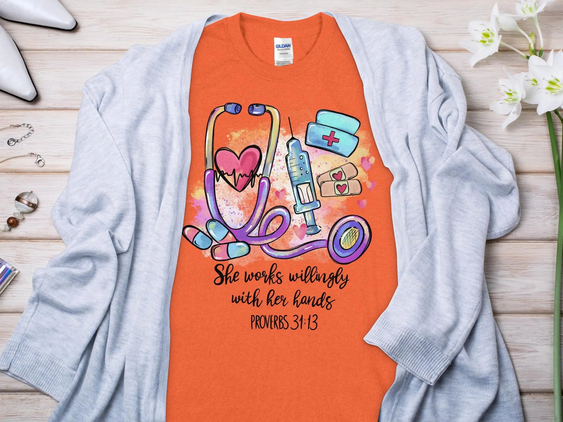 PROV 31:13 Nurse, Future Nurse Gift Idea, Nursing School Student Grad, RN LPN, Nurse Life, Funny Nurse. Quality Gildan Tee Support a Nurse - Creations Unlimited