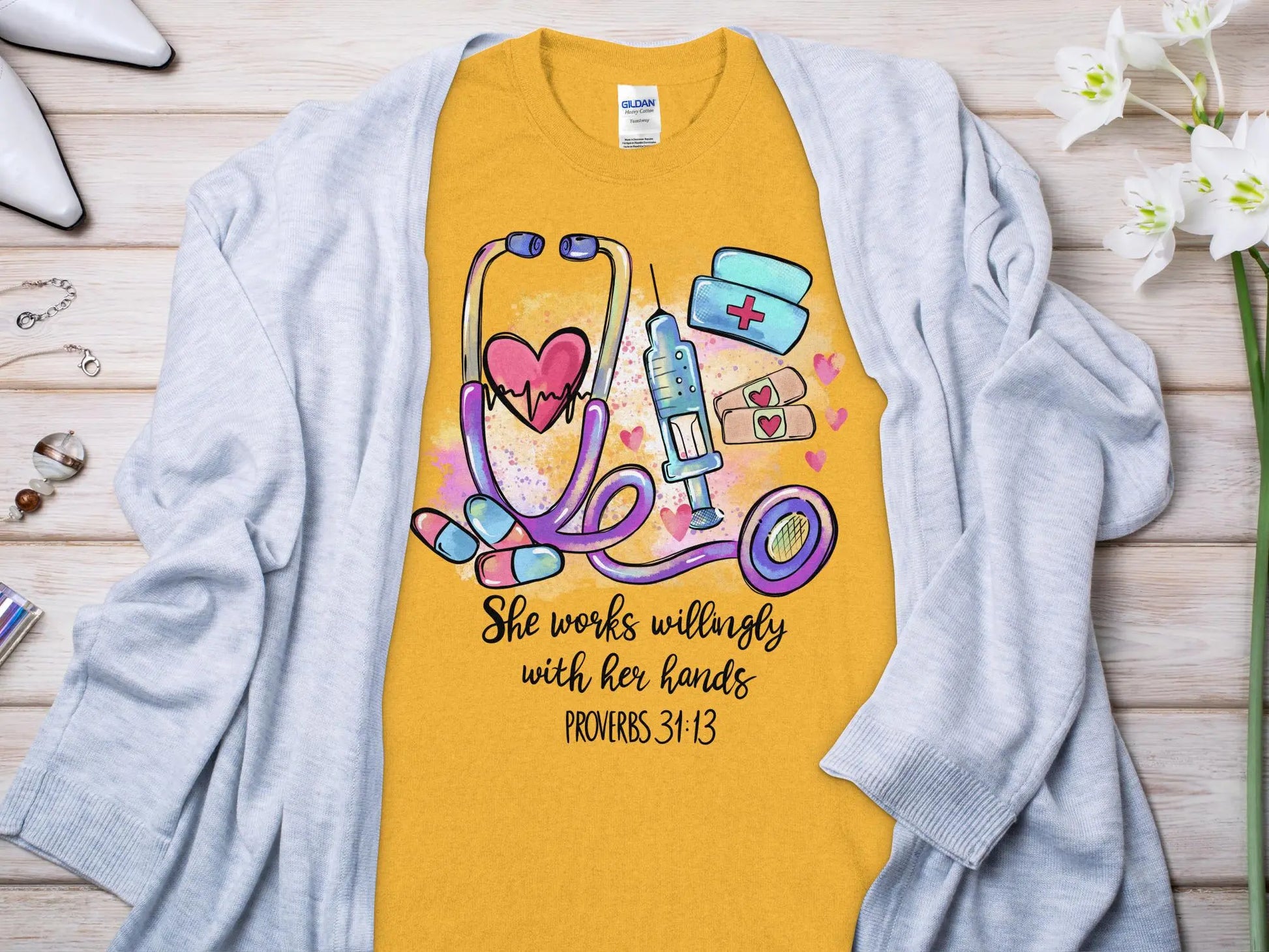 PROV 31:13 Nurse, Future Nurse Gift Idea, Nursing School Student Grad, RN LPN, Nurse Life, Funny Nurse. Quality Gildan Tee Support a Nurse - Creations Unlimited