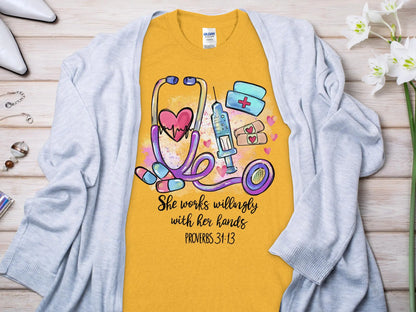 PROV 31:13 Nurse, Future Nurse Gift Idea, Nursing School Student Grad, RN LPN, Nurse Life, Funny Nurse. Quality Gildan Tee Support a Nurse - Creations Unlimited