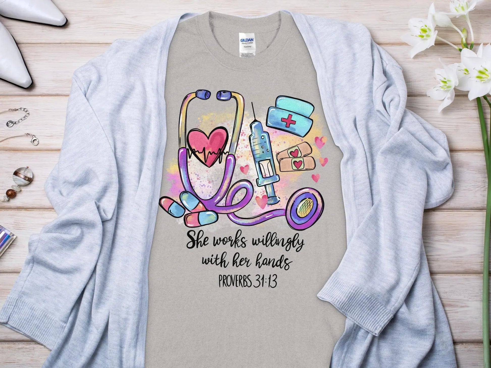 PROV 31:13 Nurse, Future Nurse Gift Idea, Nursing School Student Grad, RN LPN, Nurse Life, Funny Nurse. Quality Gildan Tee Support a Nurse - Creations Unlimited