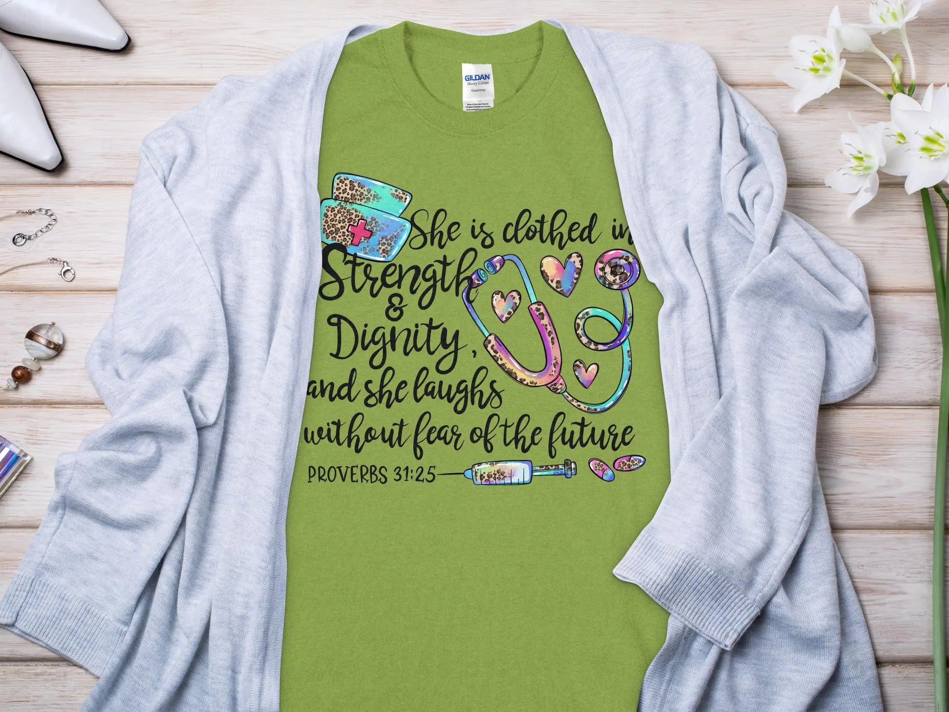 PROV 31:25 Nurse, Future Nurse Gift Idea, Nursing School Student Grad, RN LPN, Nurse Life, Funny Nurse Quality Gildan Tee Support a Nurse - Creations Unlimited