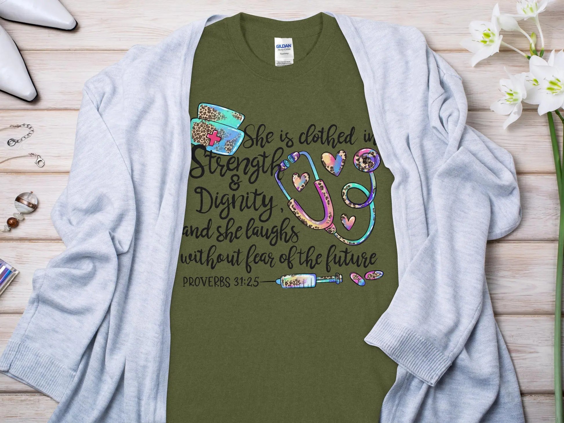 PROV 31:25 Nurse, Future Nurse Gift Idea, Nursing School Student Grad, RN LPN, Nurse Life, Funny Nurse Quality Gildan Tee Support a Nurse - Creations Unlimited