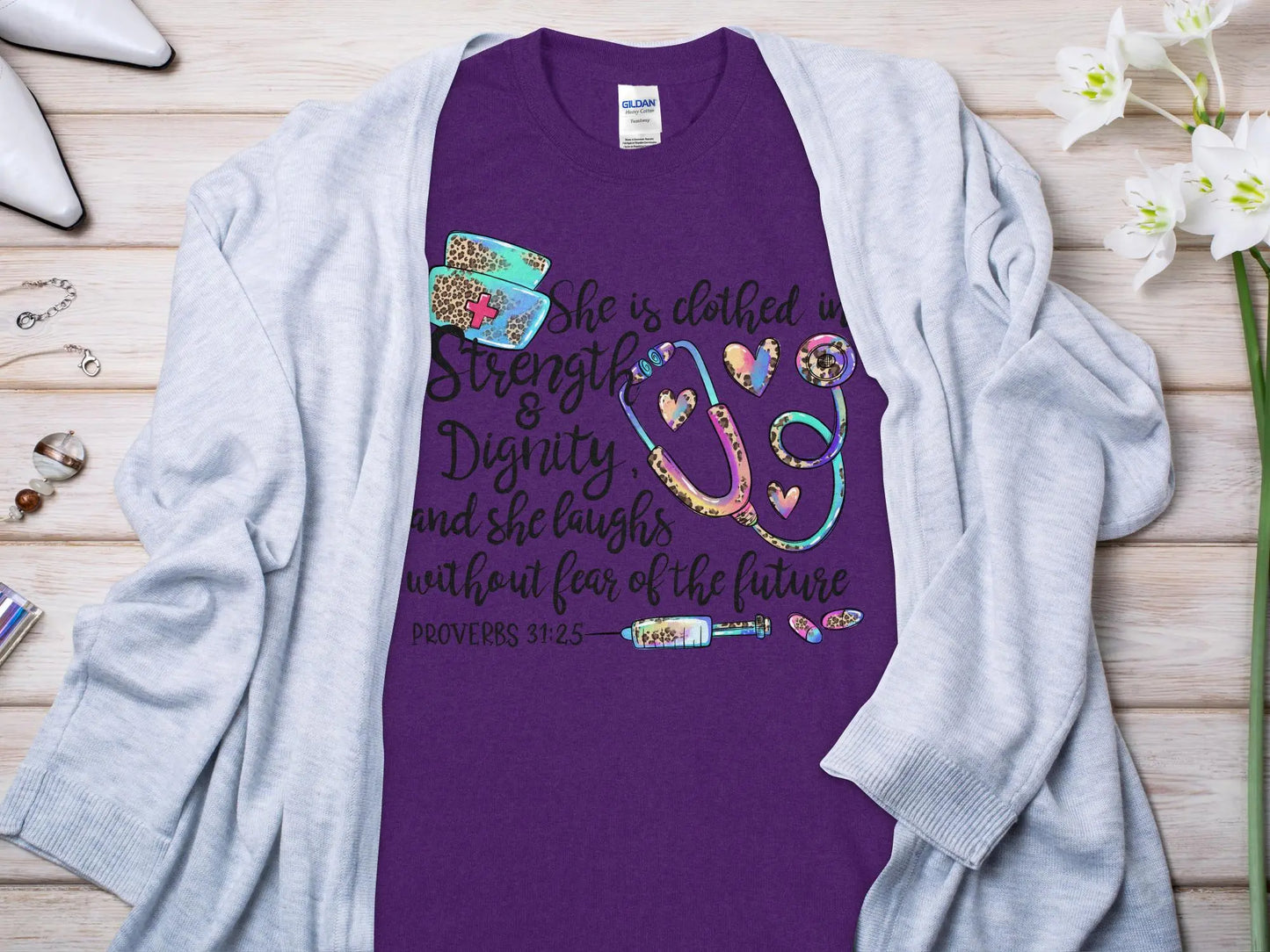 PROV 31:25 Nurse, Future Nurse Gift Idea, Nursing School Student Grad, RN LPN, Nurse Life, Funny Nurse Quality Gildan Tee Support a Nurse - Creations Unlimited
