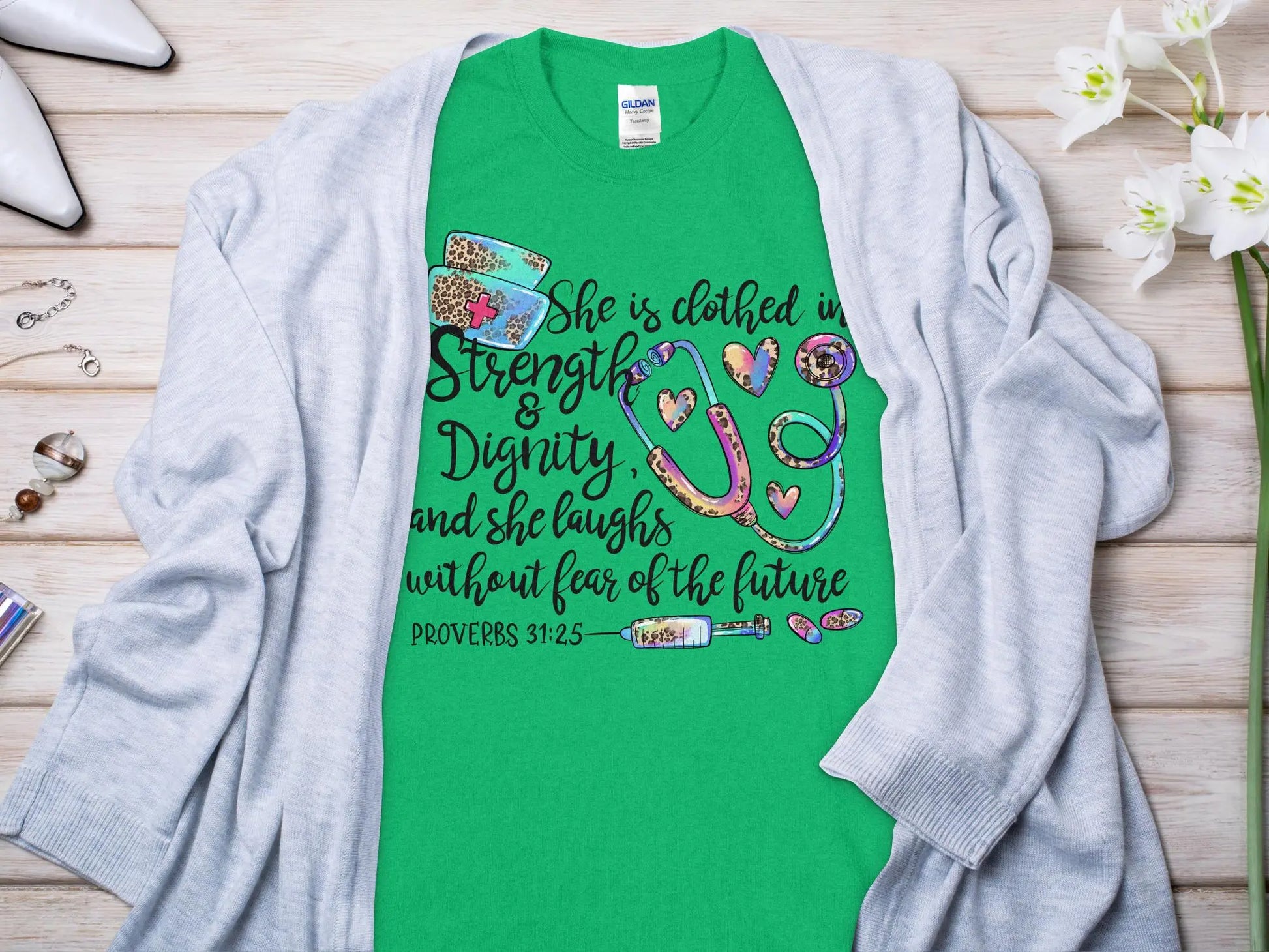 PROV 31:25 Nurse, Future Nurse Gift Idea, Nursing School Student Grad, RN LPN, Nurse Life, Funny Nurse Quality Gildan Tee Support a Nurse - Creations Unlimited