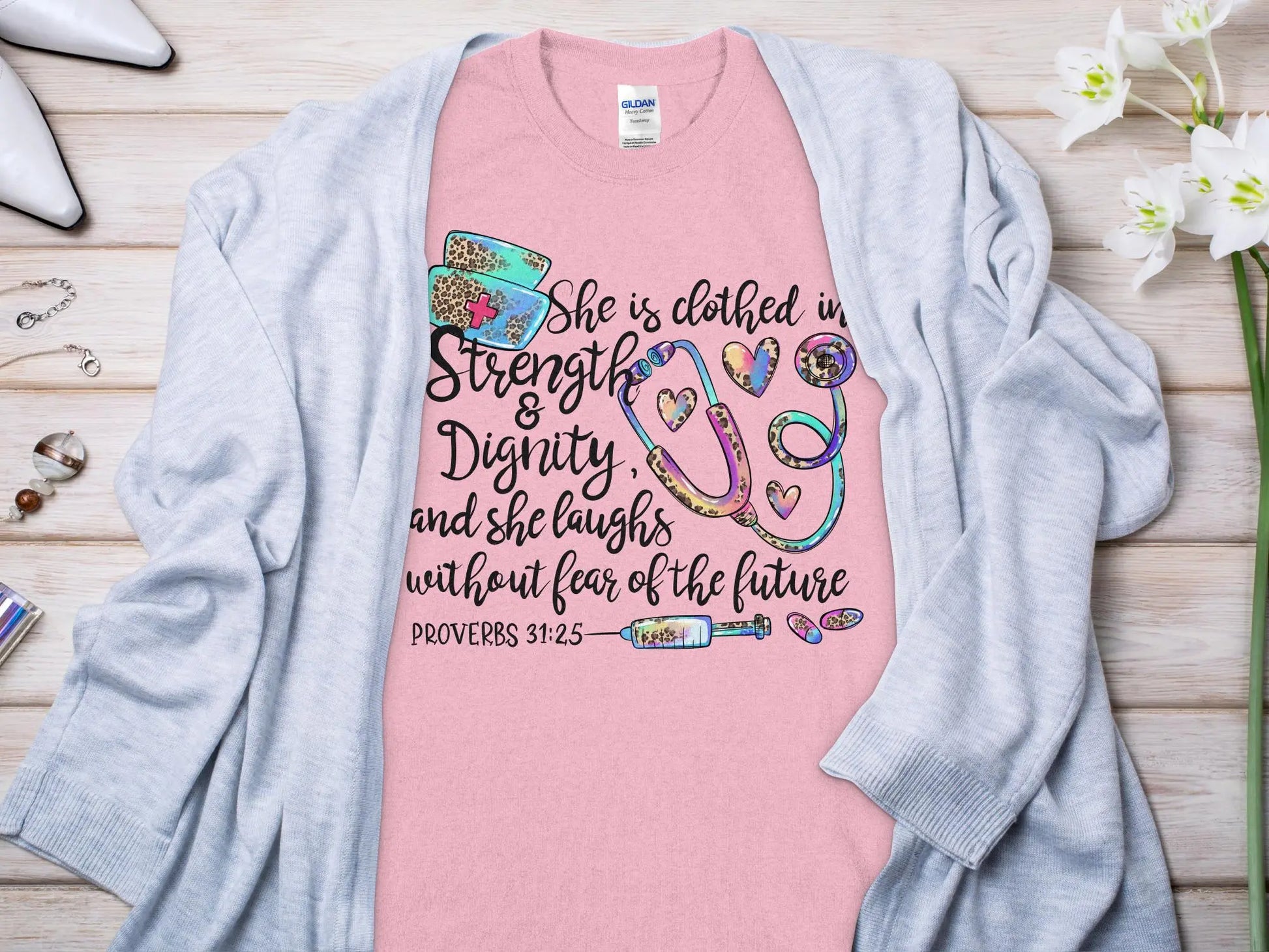PROV 31:25 Nurse, Future Nurse Gift Idea, Nursing School Student Grad, RN LPN, Nurse Life, Funny Nurse Quality Gildan Tee Support a Nurse - Creations Unlimited
