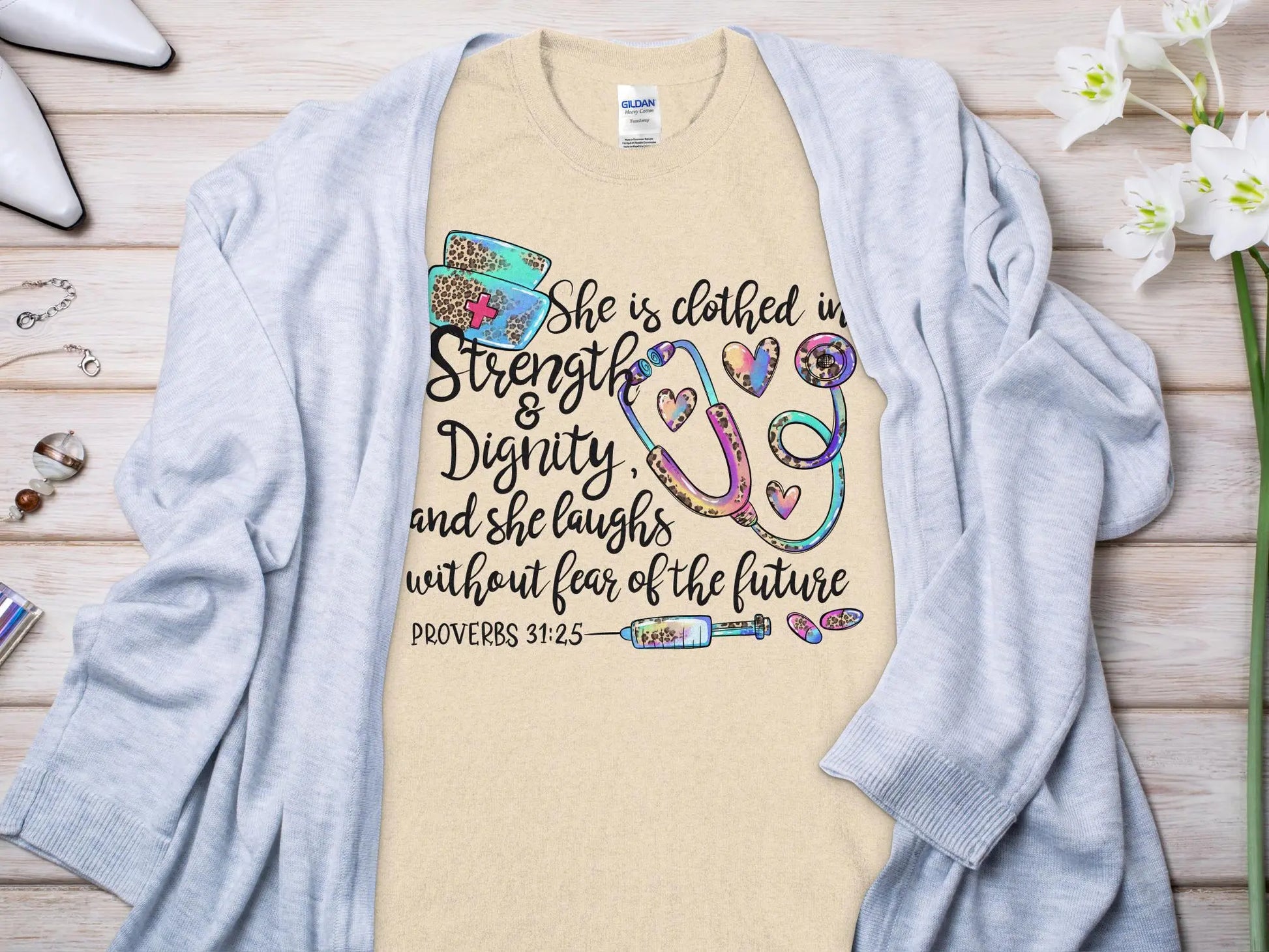 PROV 31:25 Nurse, Future Nurse Gift Idea, Nursing School Student Grad, RN LPN, Nurse Life, Funny Nurse Quality Gildan Tee Support a Nurse - Creations Unlimited