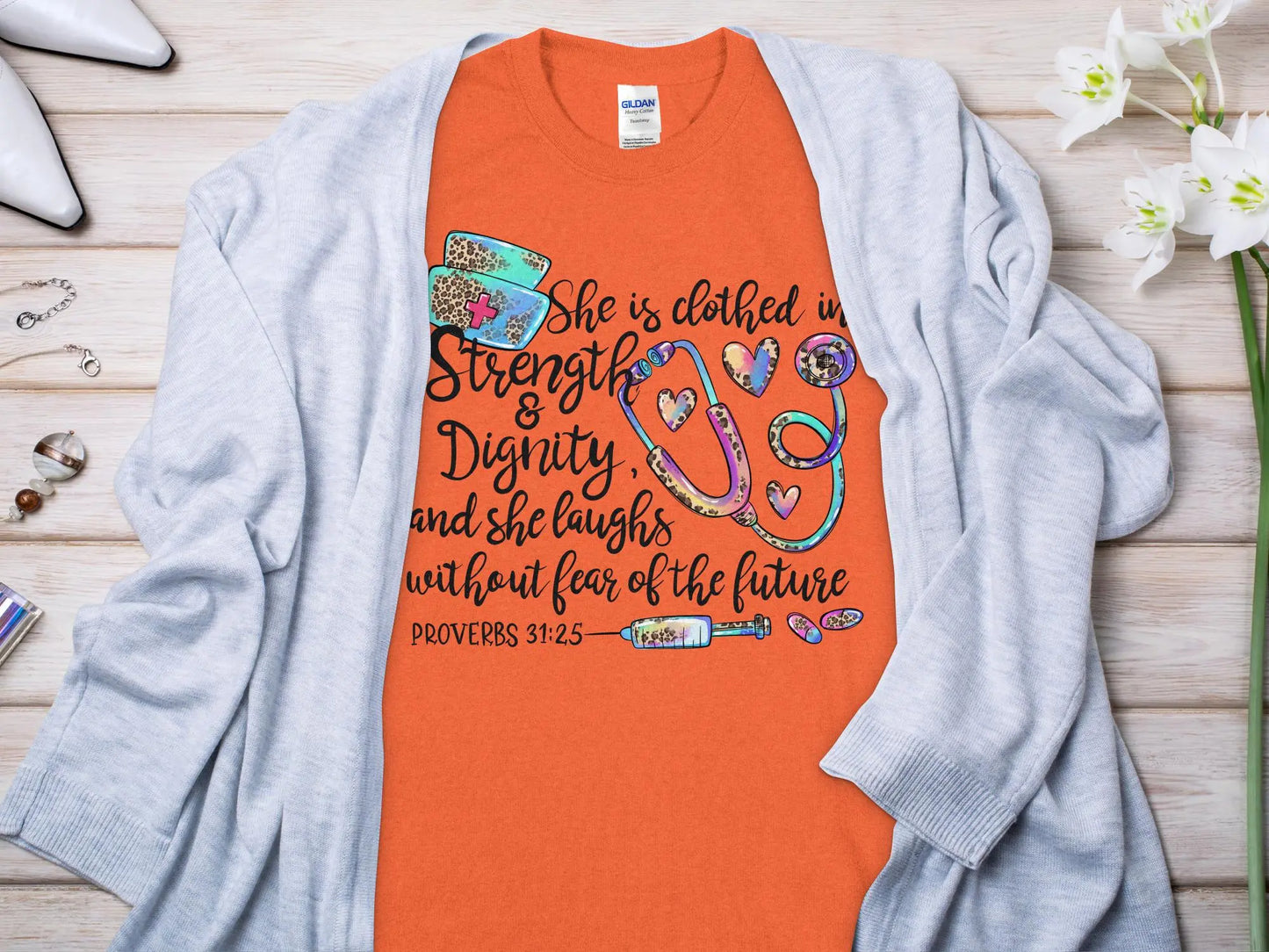 PROV 31:25 Nurse, Future Nurse Gift Idea, Nursing School Student Grad, RN LPN, Nurse Life, Funny Nurse Quality Gildan Tee Support a Nurse - Creations Unlimited