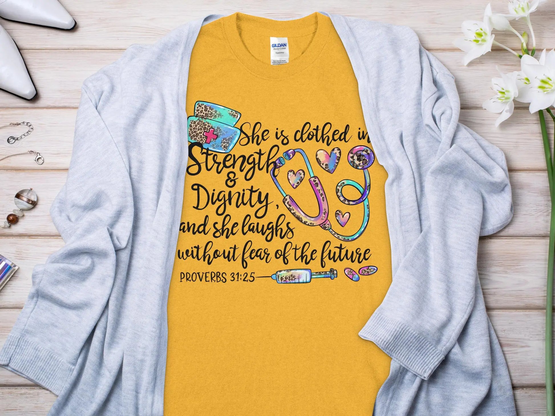 PROV 31:25 Nurse, Future Nurse Gift Idea, Nursing School Student Grad, RN LPN, Nurse Life, Funny Nurse Quality Gildan Tee Support a Nurse - Creations Unlimited