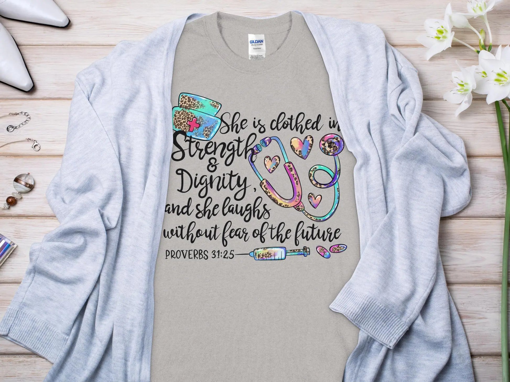 PROV 31:25 Nurse, Future Nurse Gift Idea, Nursing School Student Grad, RN LPN, Nurse Life, Funny Nurse Quality Gildan Tee Support a Nurse - Creations Unlimited