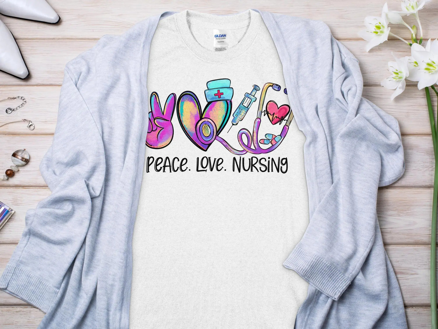 Peace Love Nurse, Future Nurse Gift Idea, Nursing School Student Grad, RN LPN, Nurse Life, Funny Nurse Quality Gildan Tee Support a Nurse - Creations Unlimited
