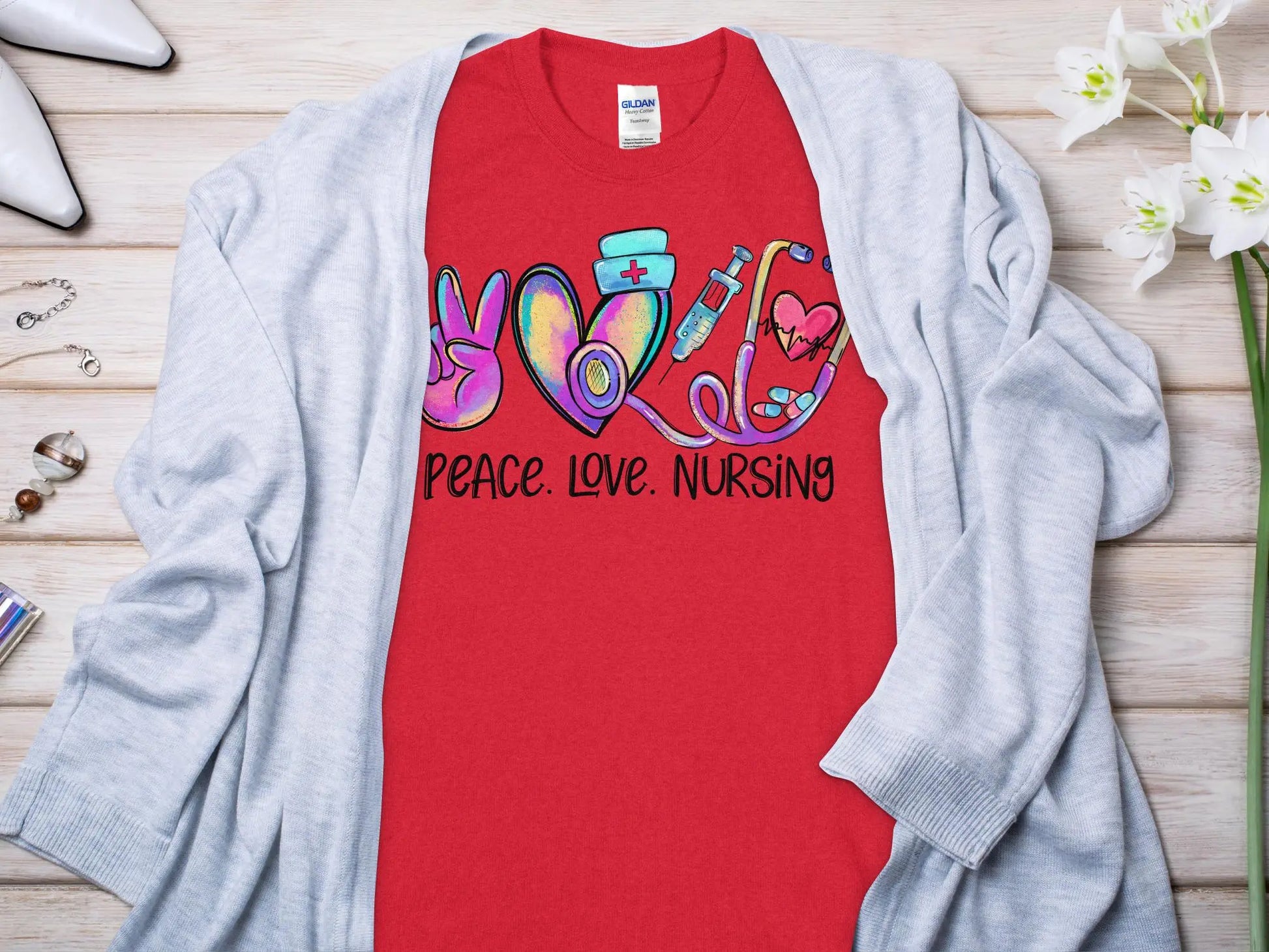 Peace Love Nurse, Future Nurse Gift Idea, Nursing School Student Grad, RN LPN, Nurse Life, Funny Nurse Quality Gildan Tee Support a Nurse - Creations Unlimited