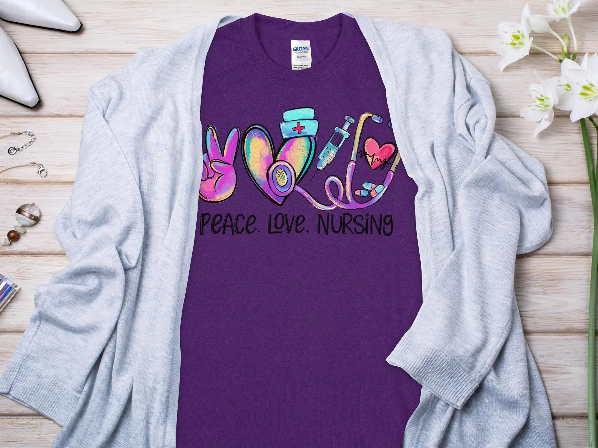 Peace Love Nurse, Future Nurse Gift Idea, Nursing School Student Grad, RN LPN, Nurse Life, Funny Nurse Quality Gildan Tee Support a Nurse - Creations Unlimited