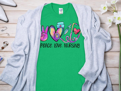 Peace Love Nurse, Future Nurse Gift Idea, Nursing School Student Grad, RN LPN, Nurse Life, Funny Nurse Quality Gildan Tee Support a Nurse - Creations Unlimited
