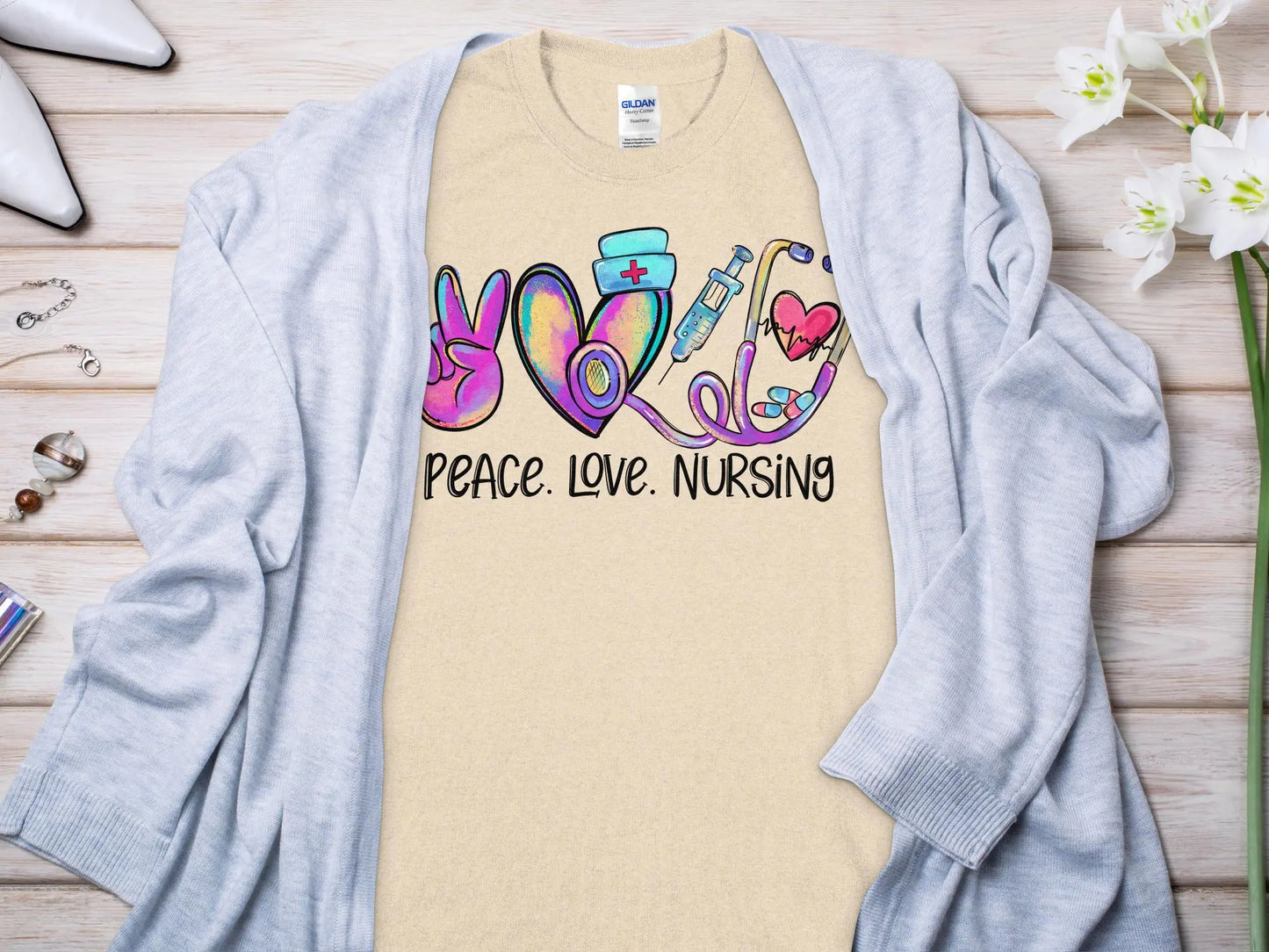 Peace Love Nurse, Future Nurse Gift Idea, Nursing School Student Grad, RN LPN, Nurse Life, Funny Nurse Quality Gildan Tee Support a Nurse - Creations Unlimited