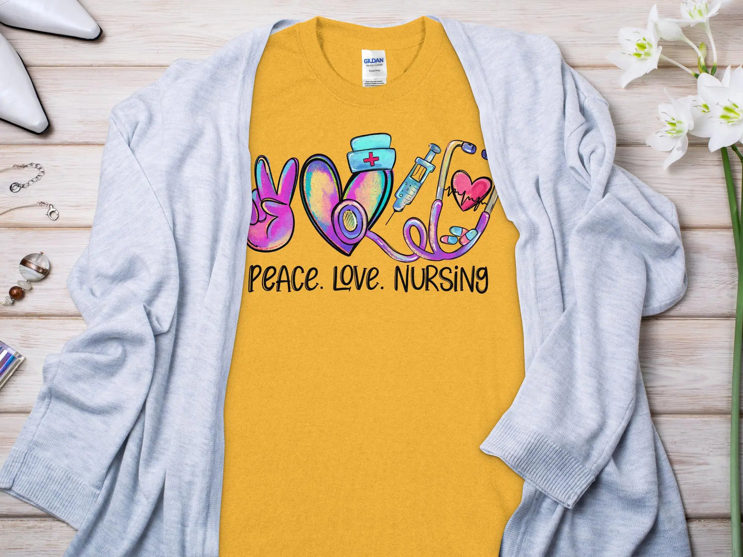 Peace Love Nurse, Future Nurse Gift Idea, Nursing School Student Grad, RN LPN, Nurse Life, Funny Nurse Quality Gildan Tee Support a Nurse - Creations Unlimited