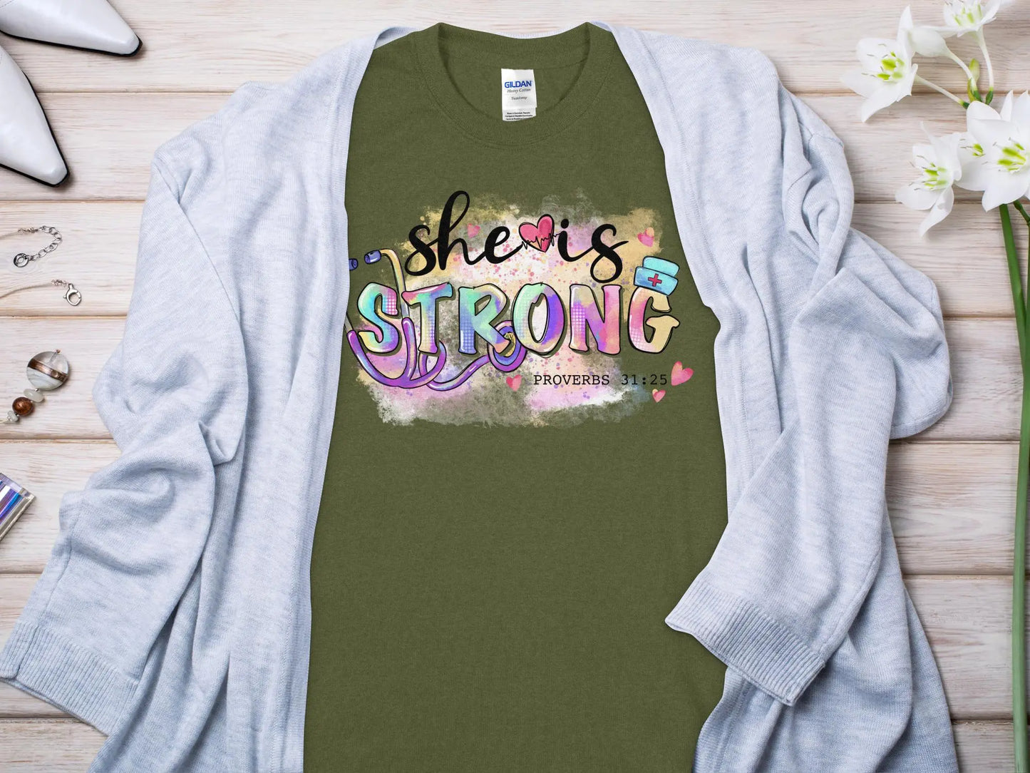 She Is Strong Nurse, Future Nurse Gift Idea, Nursing School Student Grad, LPN, Nurse Life, Funny Nurse Quality Gildan Tee Support a Nurse - Creations Unlimited