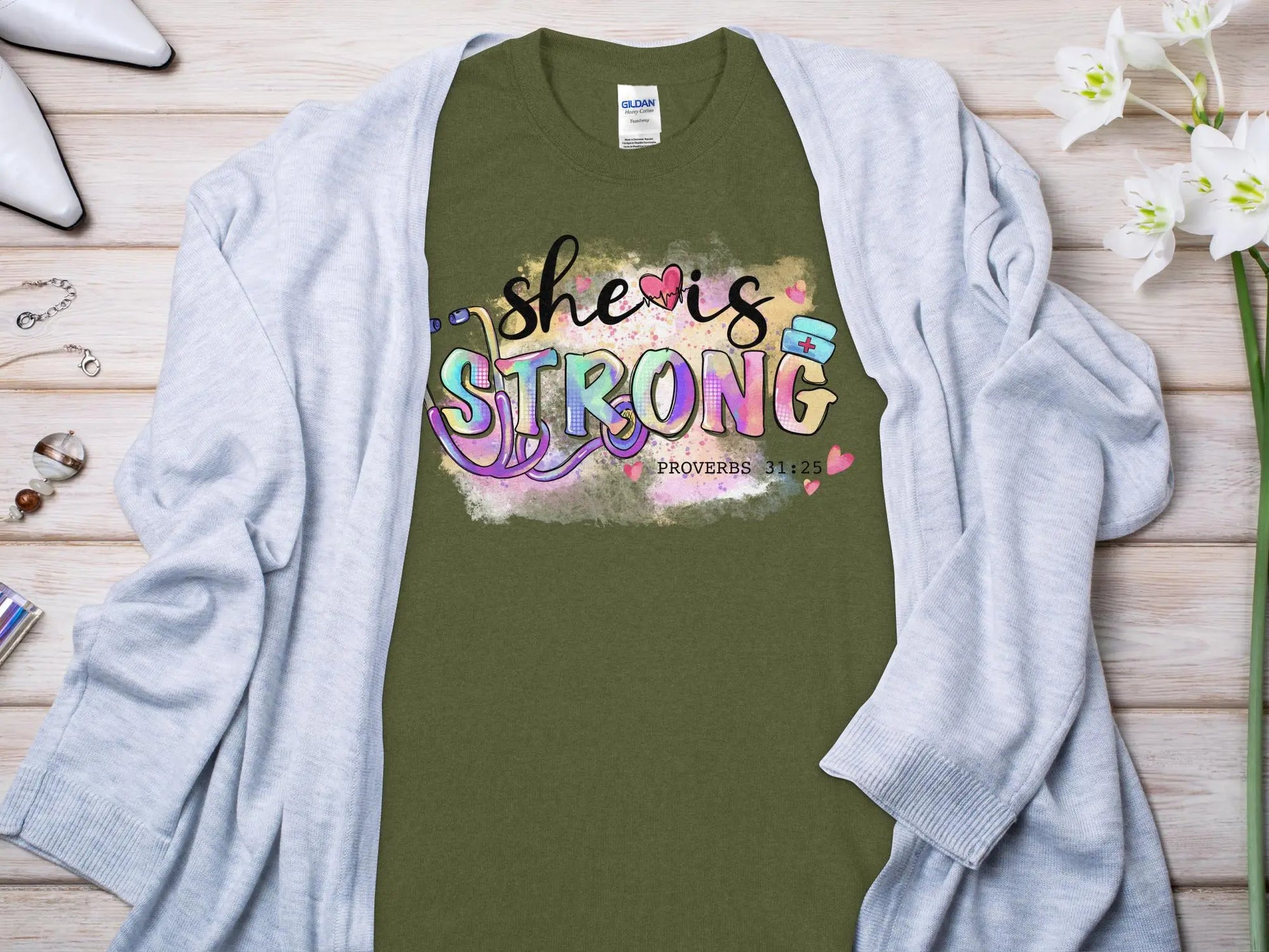 She Is Strong Nurse, Future Nurse Gift Idea, Nursing School Student Grad, LPN, Nurse Life, Funny Nurse Quality Gildan Tee Support a Nurse - Creations Unlimited