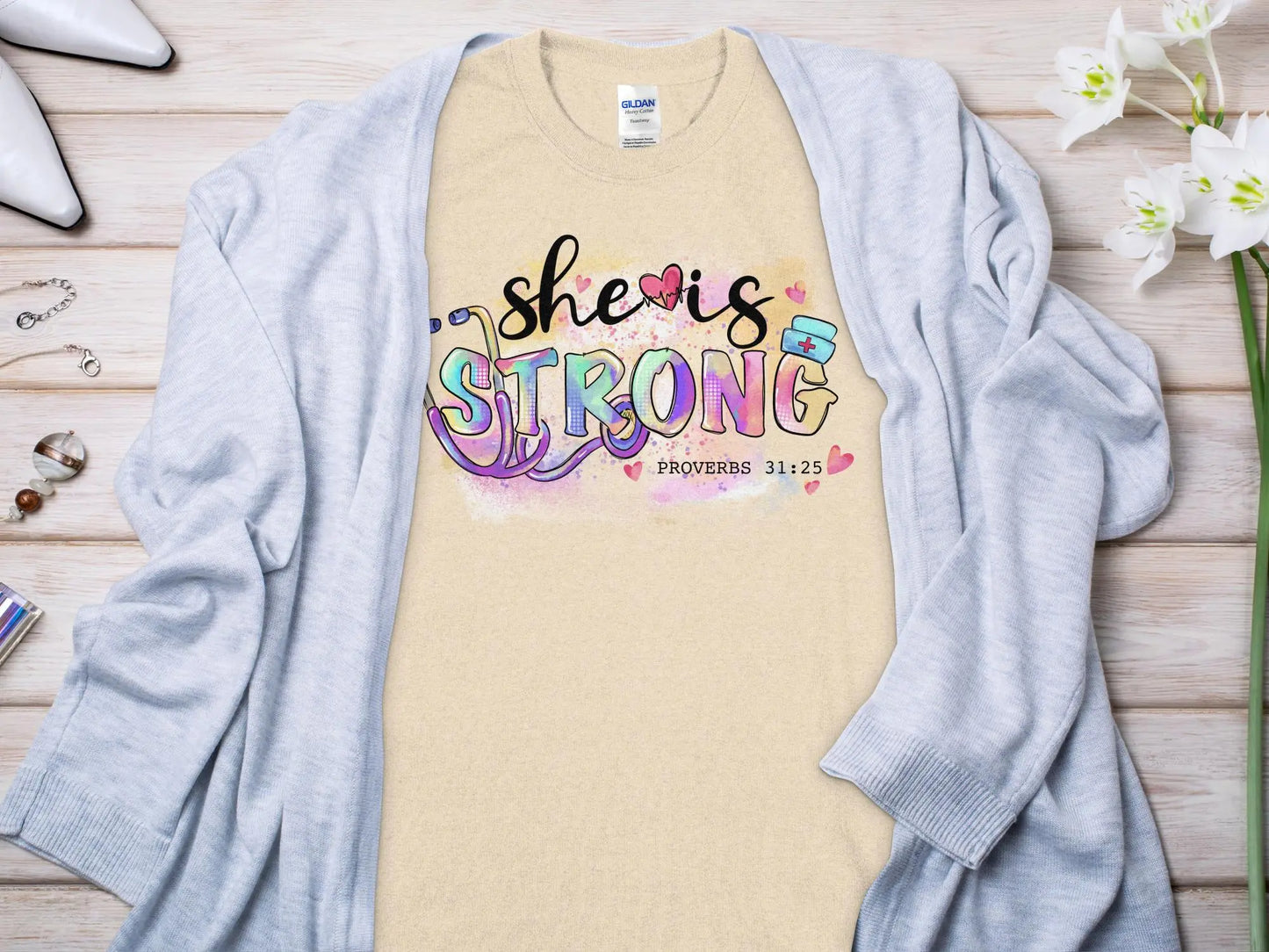 She Is Strong Nurse, Future Nurse Gift Idea, Nursing School Student Grad, LPN, Nurse Life, Funny Nurse Quality Gildan Tee Support a Nurse - Creations Unlimited