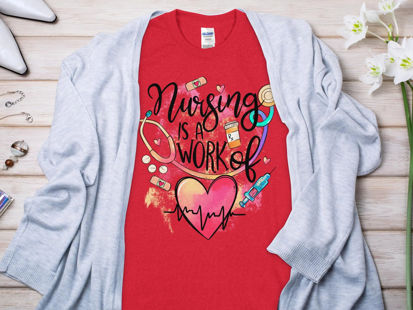 Work of Love Nurse,Future Nurse Gift Idea, Nursing School Student Grad, RN LPN, Nurse Life, Funny Nurse Quality Gildan Tee Support a Nurse - Creations Unlimited
