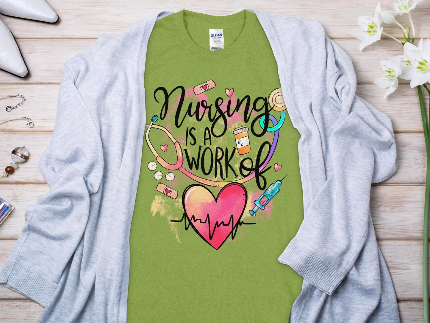 Work of Love Nurse,Future Nurse Gift Idea, Nursing School Student Grad, RN LPN, Nurse Life, Funny Nurse Quality Gildan Tee Support a Nurse - Creations Unlimited
