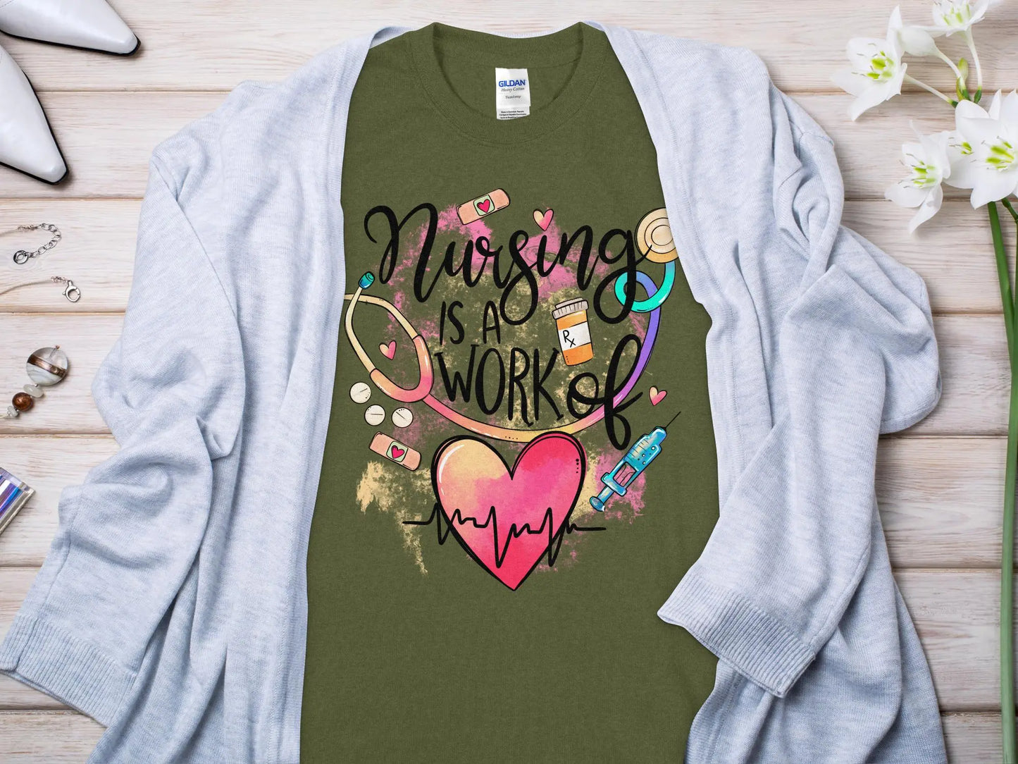 Work of Love Nurse,Future Nurse Gift Idea, Nursing School Student Grad, RN LPN, Nurse Life, Funny Nurse Quality Gildan Tee Support a Nurse - Creations Unlimited